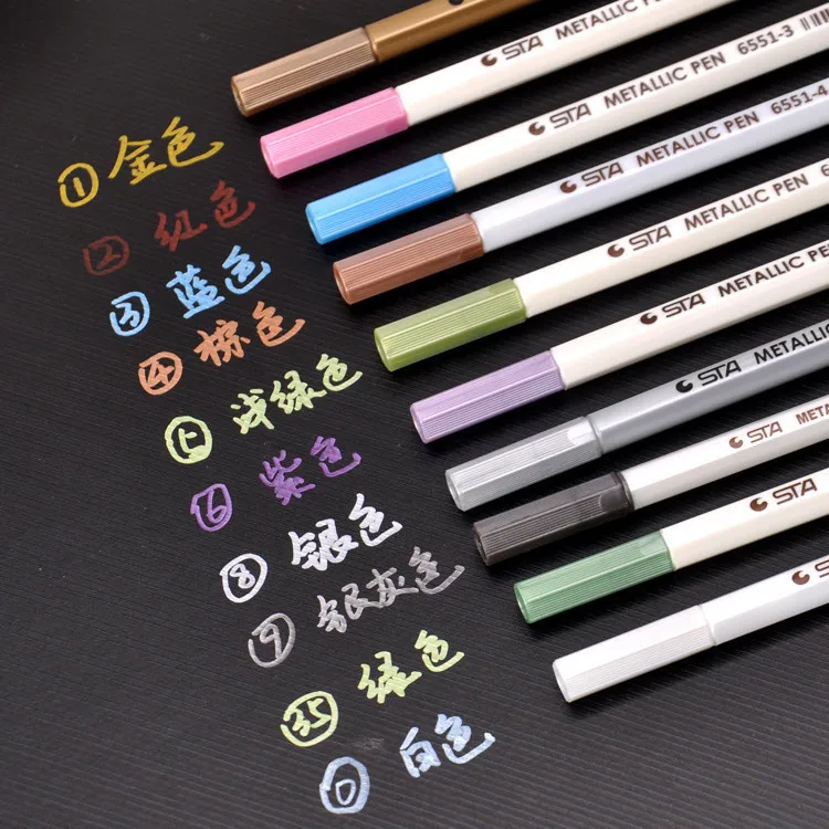 

STA 10Colors/Box 1-2 mm Metallic Marker Pen DIY Scrapbooking Crafts Soft Brush Pen Art Markers For Stationery School Supplies
