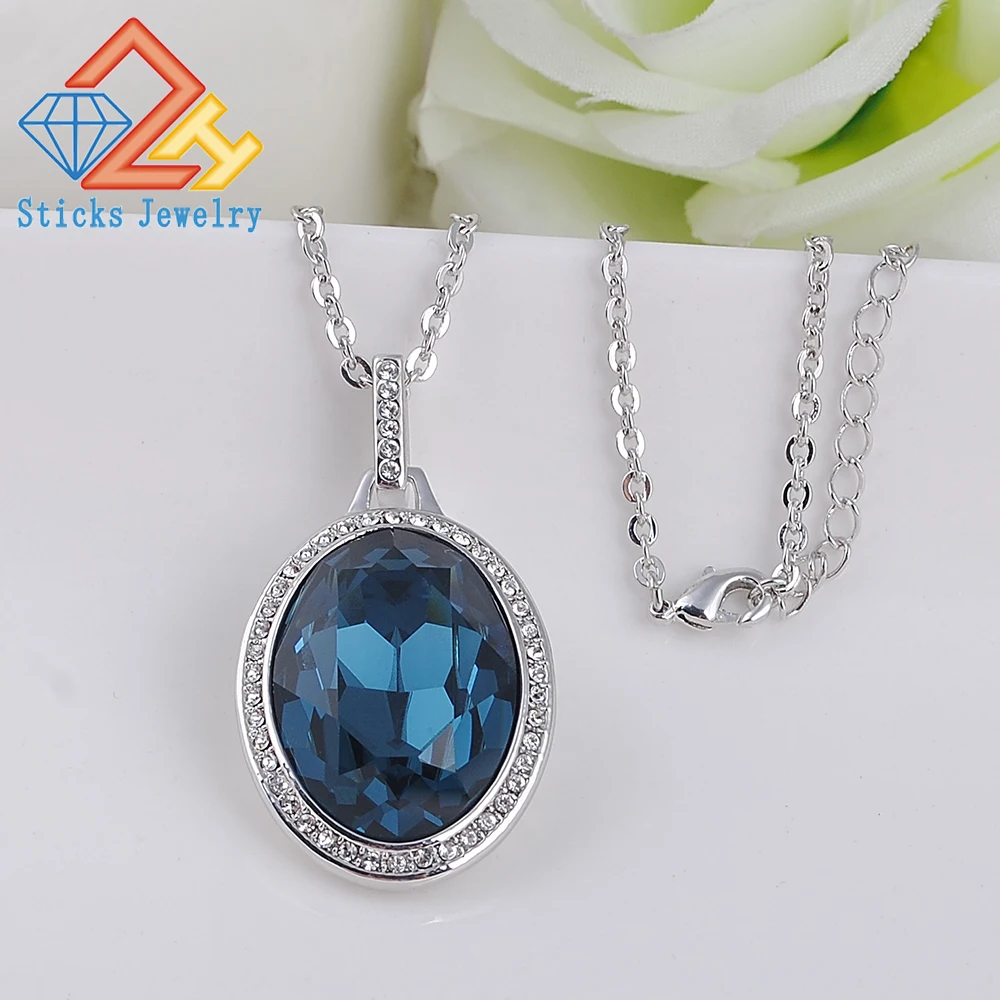

Trendy Women Pendant Necklace Made with Oval Shape Bermuda Blue SWAROVSKI Crystals Best Gift for Woman and Girls