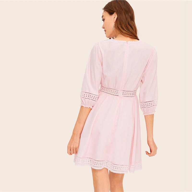 Шеин, Розовое Кружевное мини-платье с вышивкой в виде петель, женское платье с рукавом до локтя, весенне-летнее платье с v-образным вырезом, платья с высокой талией