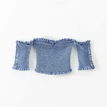 Осень Винтаж очень сексуально Off Shoulder Denim Top Для женщин Ультра Короткие плиссированные Тип оборками короткий рукав оболочка Топ