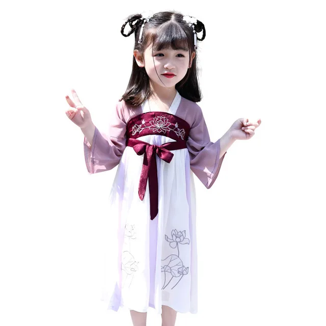 

Girls Hanfu Chinese Style Children's Clothing girl Skirt Improved Costume Summer Polyester Long Sleeve Children's Dress Z916