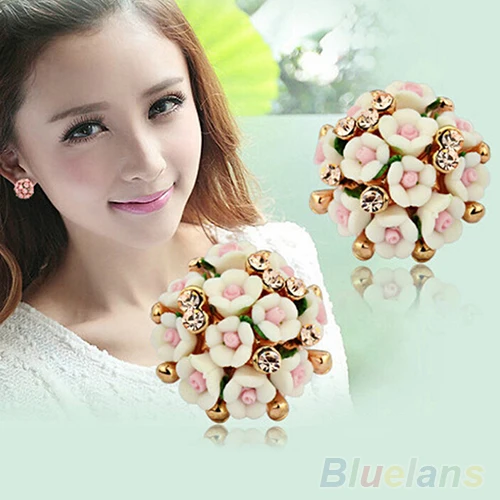 

Women Girl Bridal Wedding Jewelry Flower Dazzling Rhinestone Clip Stud Earrings