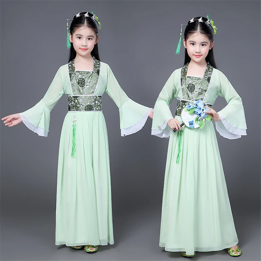 Hanfu Традиционный китайский национальный костюм для детей для женщин и девочек, сказочные наряды, народное платье, древний танцевальный костюм, Детский костюм для сцены в стиле Тан