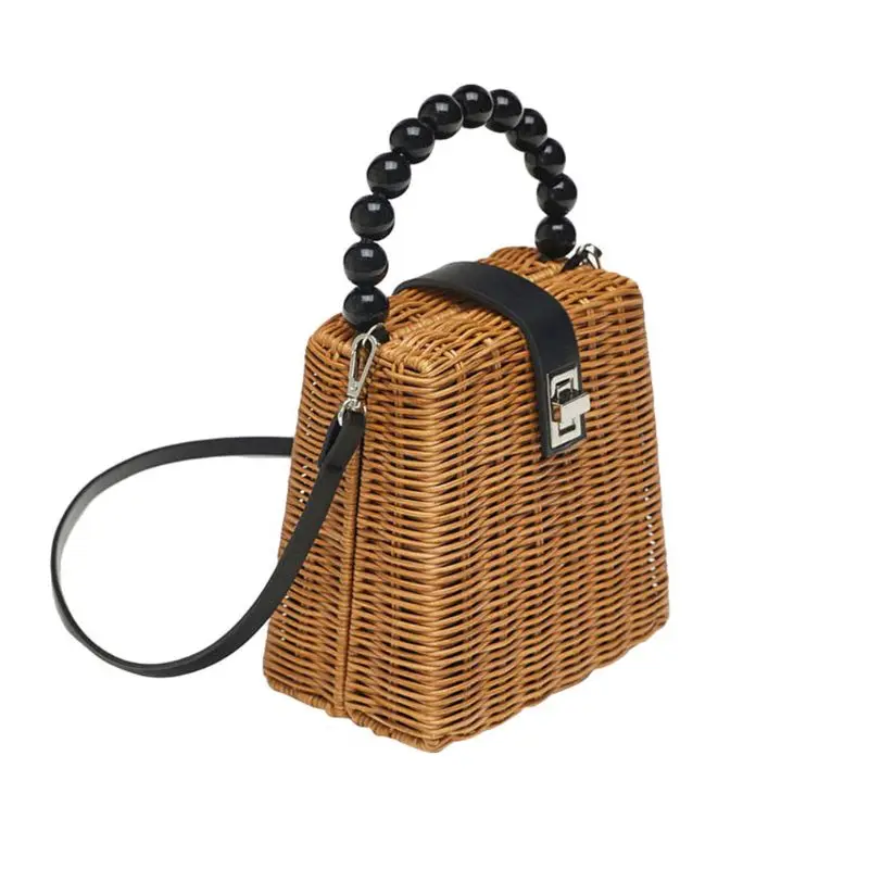 

THINKTHENDO Bead Hand-woven Straw Bag Women Small Tote Bags for Summer Travel Handle Ladies Shoulder for Girl
