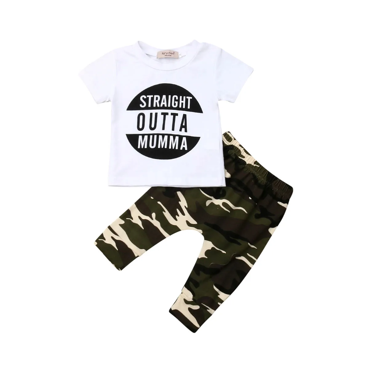 

Fashion Baby Boy Camouflage Trousers Clothes 2 Piece Set Toddler Kids White Short Sleeve Cotton T Shirt Long Pants Outfit