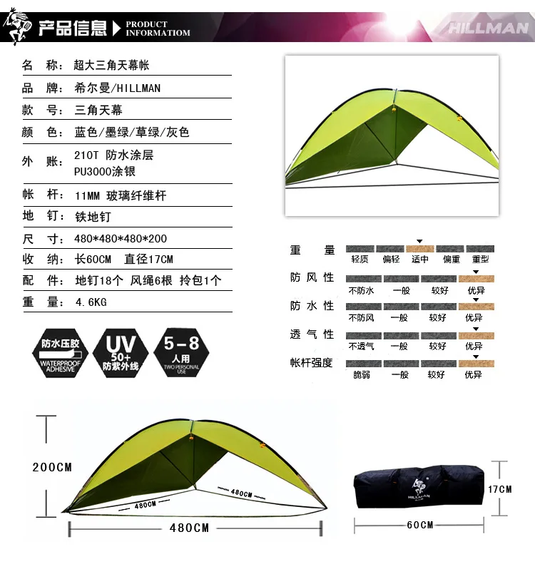 Холмман 3 стены 480*480*200 см Высокое качество водонепроницаемый кемпинг открытый солнечные укрытия палатка большой тент
