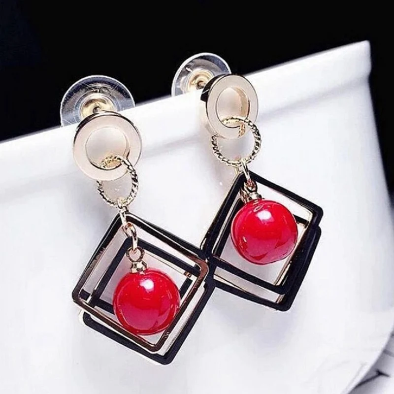 

Korean Japan Sweet Geometric Rhombic Cherry Beads Large Earrings Women Fashion Pearl Jewelry Red White Elegant Party Earrings