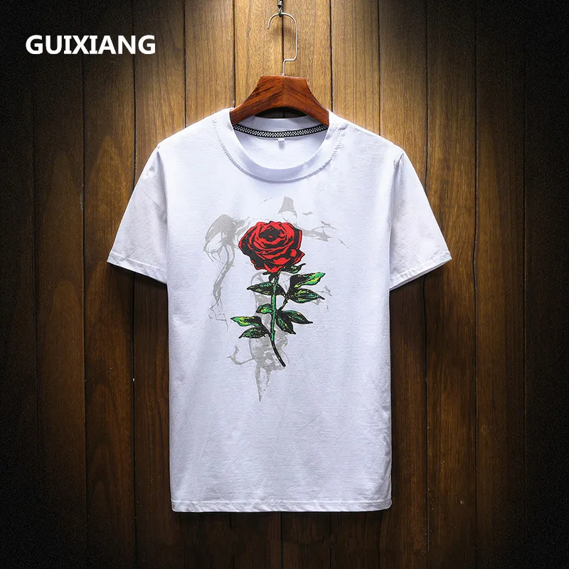 2019 Summer Men's T Shirt Fashion Short Sleeve Tops high quality O-Neck T-Shirt cotton Rose T-shirt Male Tee men M-5XL | Мужская