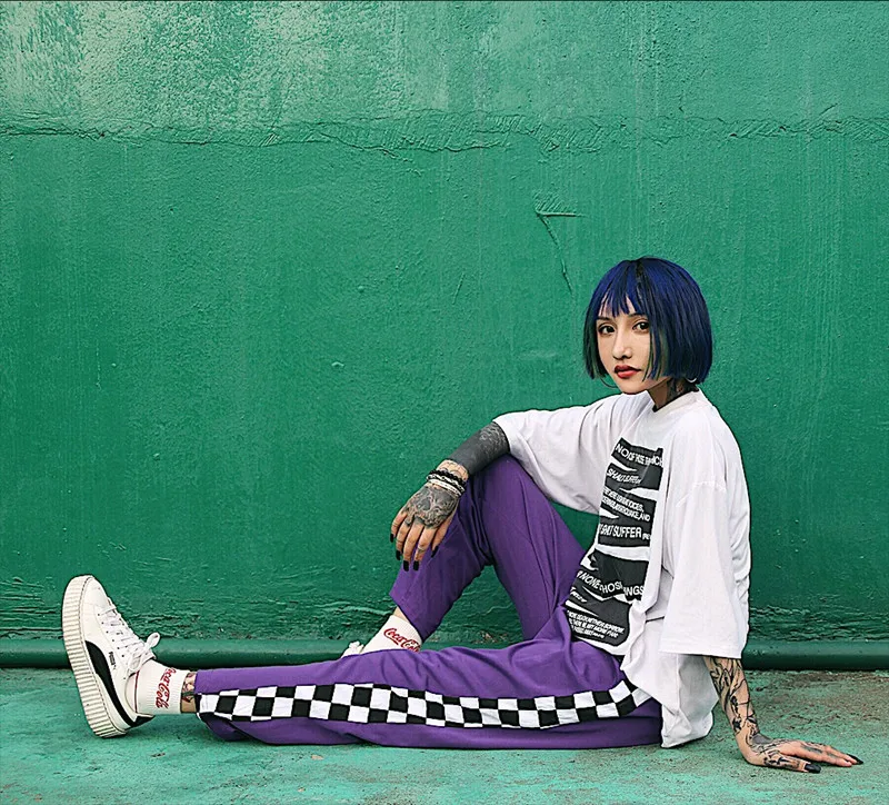 

Summer Elastic Waist Straight Slim Patchwork Side Checkerboard plaid Stripe Loose Track Pant Korean Trouser Plus Size Streetwear