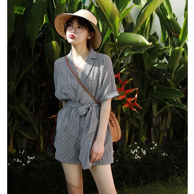 

V Neck Casual Playsuit Female Korean Style Short Sleeve Romper Overalls Jumpsuits for Women Loose Summer One Piece Streetwear