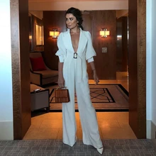 Adyce 2020 New White Celebrity Runway Jumpsuit Women Sexy Deep V-Neck Long Sleeve Sashes Rompers Jumpsuit Sexy Bodycon Bodysuits