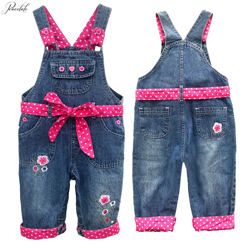 

6m-3Years Spring Autum Infant Baby Girls Rompers Denim Overalls Embroidery Hot Pink Waist Belt Jeans Pants