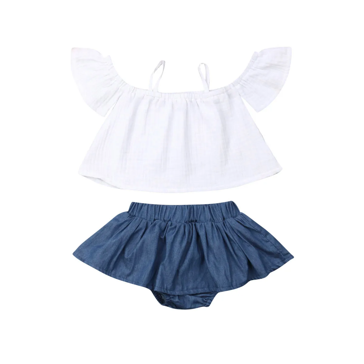 

2PCS Kids Baby Girls Clothes Off-Shoulder Short Sleeve T-shirt Tops Short Pants Set Summer White Sling Casual Outfit Set Clothes