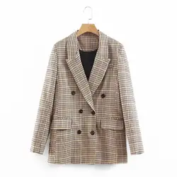 Женская винтажная клетчатая куртка, костюм, весна-осень, офисные женские пальто с зазубренным воротником, женские повседневные Костюмы с