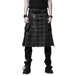 Коричневый готический панк Шотландский Килт костюм двойные карманы мужские юбки с поясом решетки плетение юбки двусторонние карманные, на