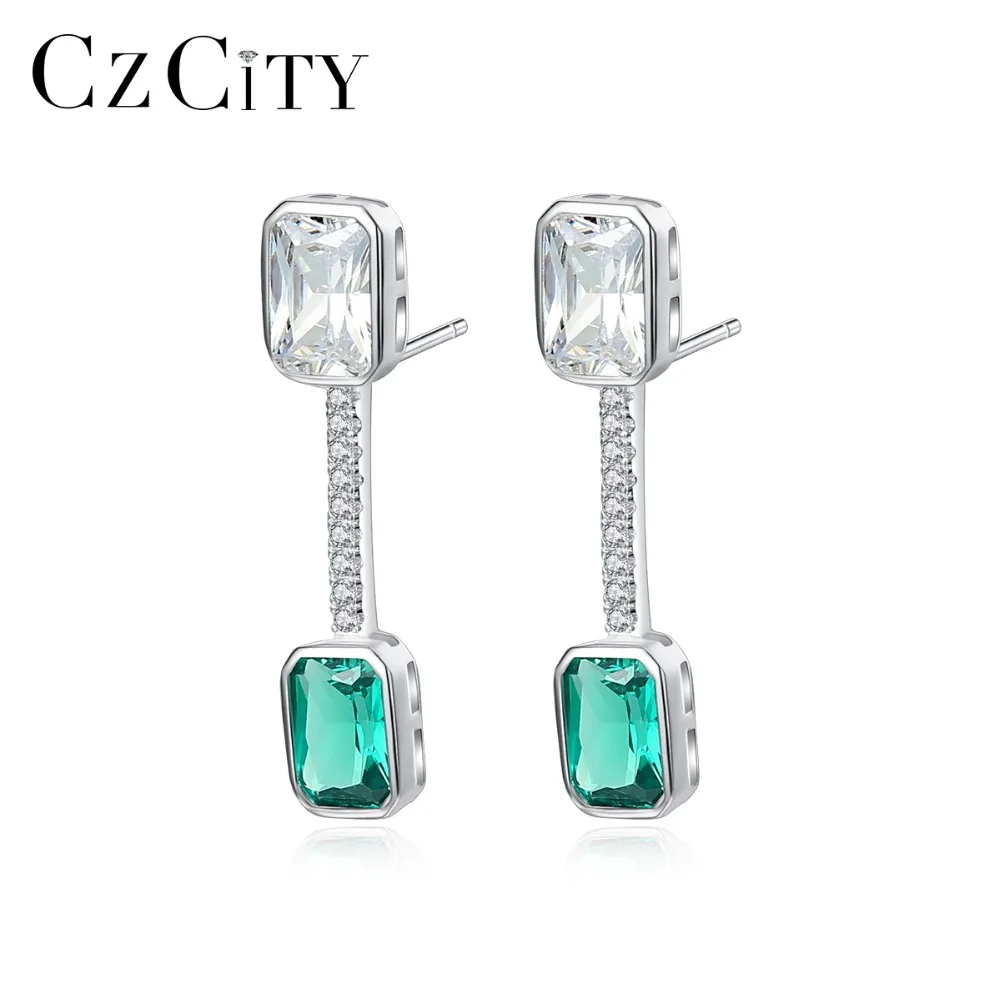 

CZCITY High Quality Luxury Emerald Gemstone Drop Earrings for Women Silver 925 Sterling Zircon Wedding Bridal Engagement Jewelry