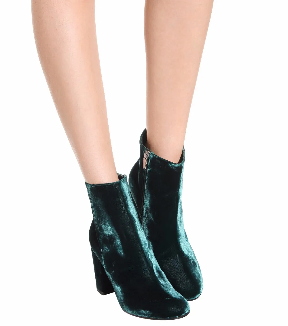 Новые модные бархатные ботильоны для женщин с круглым носком на не сужающемся книзу массивном каблуке; ботинки на молнии; вечерние модельные туфли; удобная обувь размера плюс