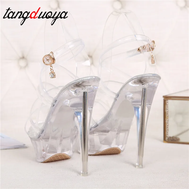 Tanie Striptizerka obcasy platforma wysokie obcasy transparentne sandały wysokie obcasy seksowne sandały z pcw buty do striptizerki Pole Dance kobiety paski pasek