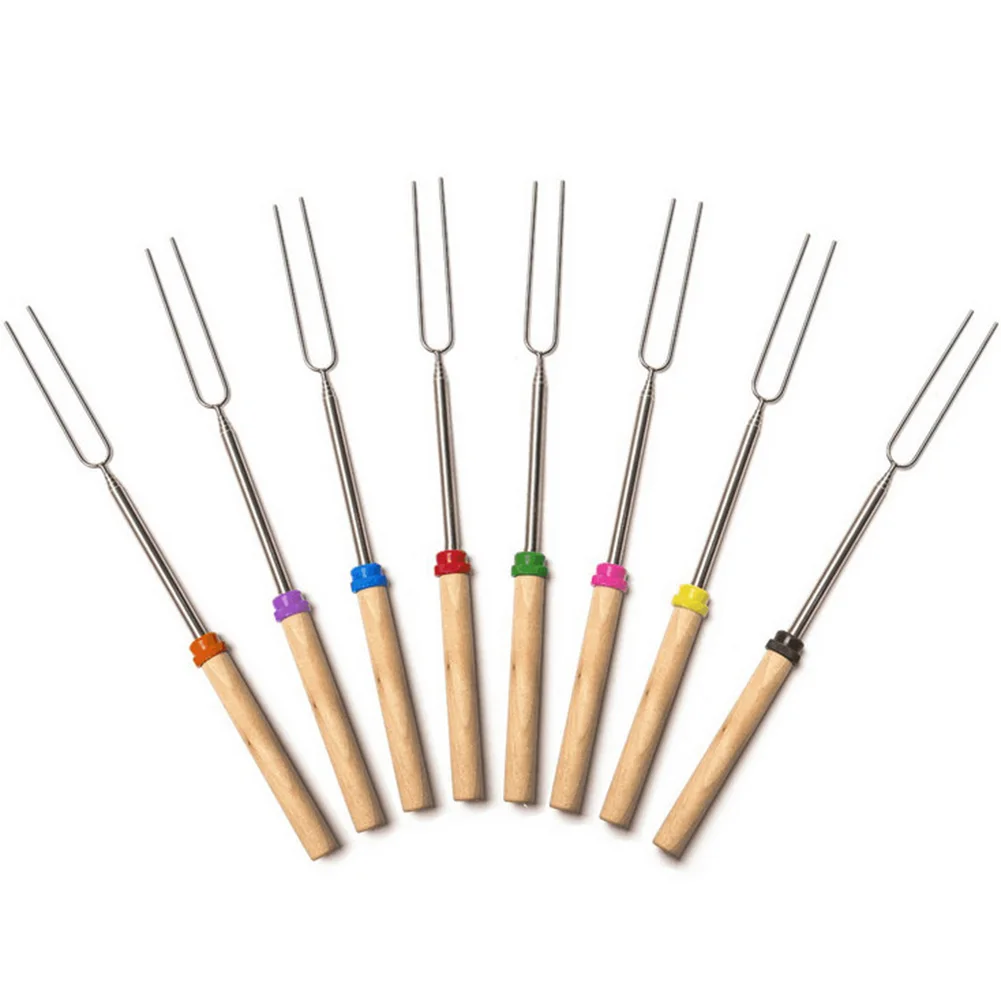 1 PC BBQ Forks Camping Campfire Stainless Steel Wooden Handle