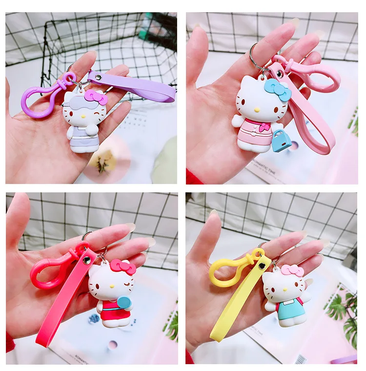 

2019Cute Pink Cat Hello Kitty Doll Keychain Leather Rope Key Ring Holder Metal Bell Key Chain Keyring Charm Bag Car Pendant Gift
