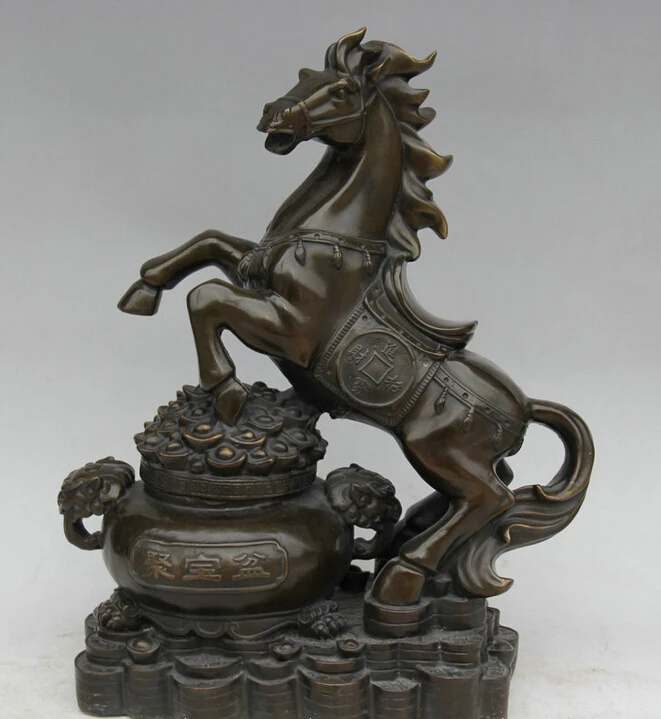 

Collectible bronze S1909 17" Chinese Bronze Folk Wealth treasure bowl Zodiac Year Horse Statue sculpture B0403
