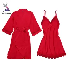 Doudoulu Женская Сексуальная атласная Модная кружевная пижама в стиле пэчворк слинг халат с длинными рукавами комплект пижамы для женщин на лето# LC30