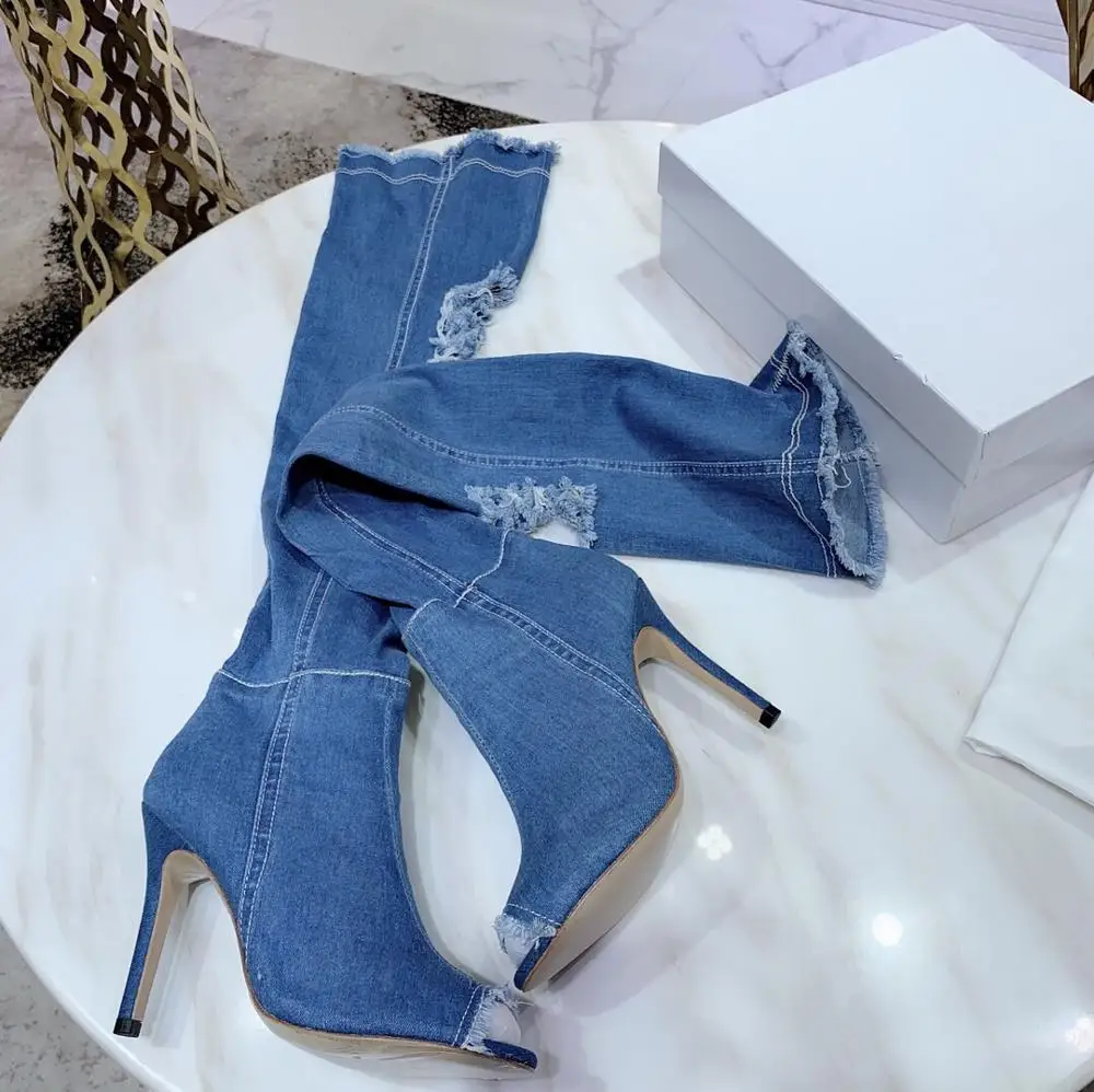 

2019 Hot Shoes Woman Denim Peep Toe Stretch Boots High Heels Over The Knee Boots Women Sexy Thigh High Boots Party Runway Boots