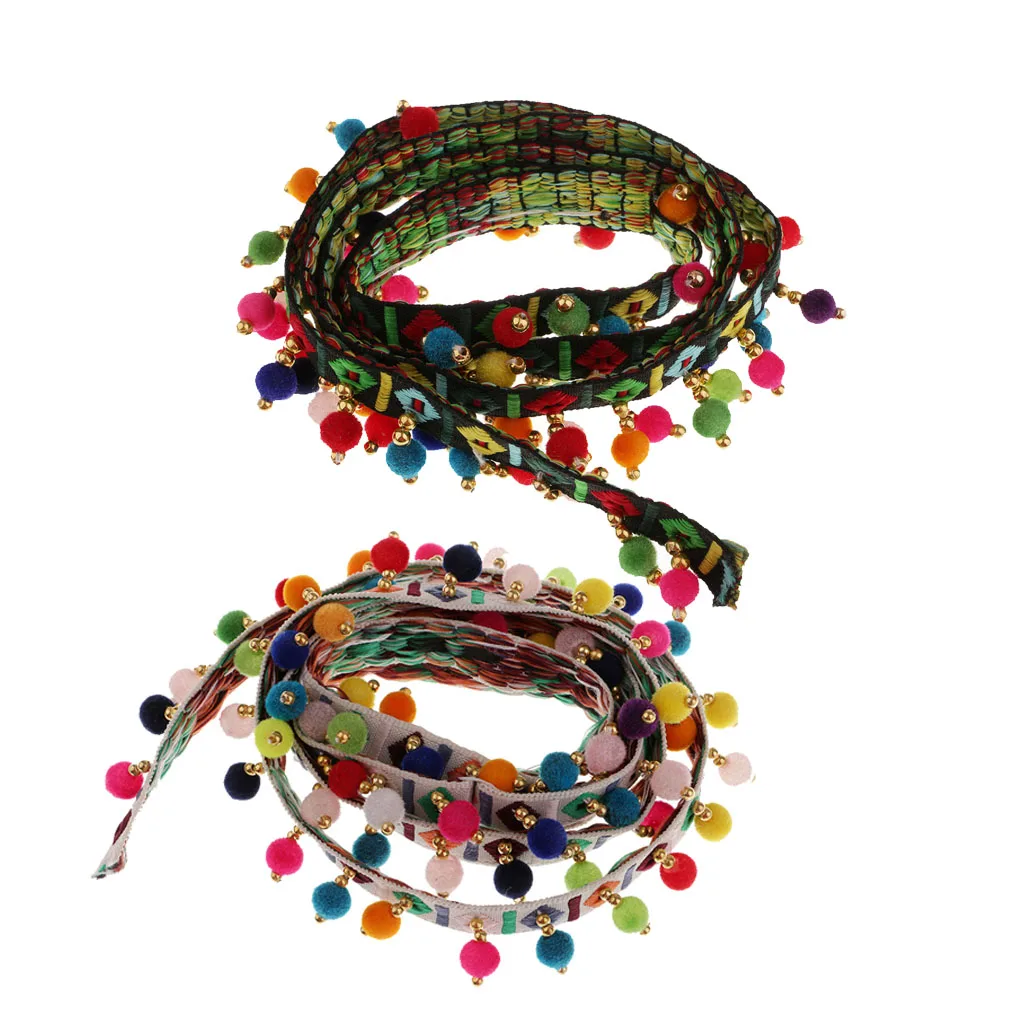 2Pcs Ethnic Style Fringed Lace Jacquard Ribbon With Pompom Ball Trim 1 Yard DIY Apparel Sewing for embellishments
