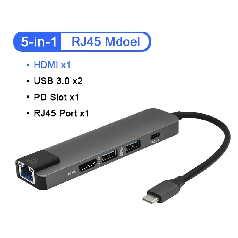 

5 in 1 USB Type C Hub Hdmi 4K USB C Hub to Gigabit Ethernet Rj45 Lan Adapter for Mac book Pro Thunderbolt 3 USB-C Charger PD