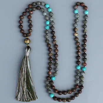 

EDOTHALIA 108 Beads Mala Necklace Women 8MM Flower Onyx & Labradorite Natural Stone Knotted Long Tassels Necklaces Nepal Jewelry