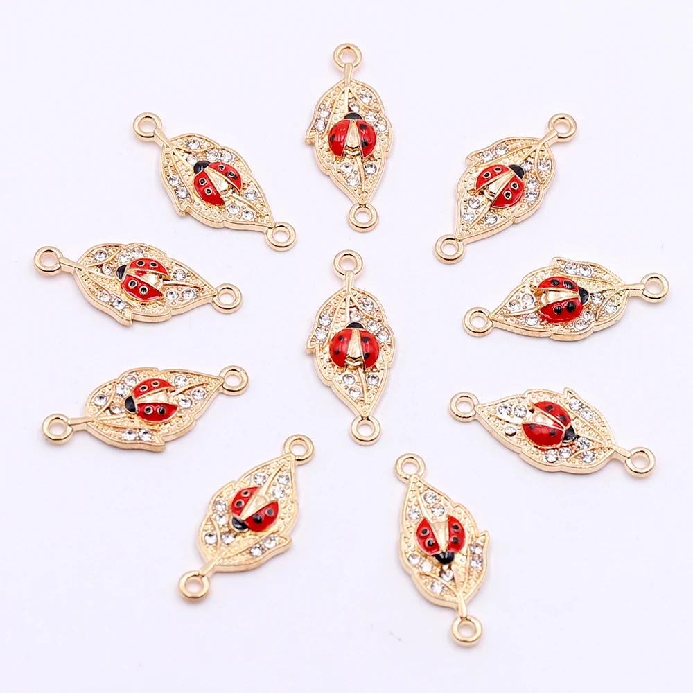 

10pcs 20pcs Gold Leaf Shaped Connectors Charms with Rhinestone for Bracelets Making DIY Ladybug Enamel Jewelry Accessories