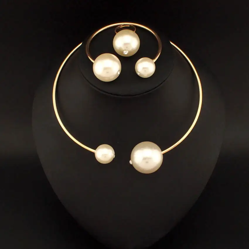 

UKMOC Fashion European Show Celebrity Chokers Brand Simulated Pearl Necklace Bangle Ring Set Women Wedding Party Jewelry #2401