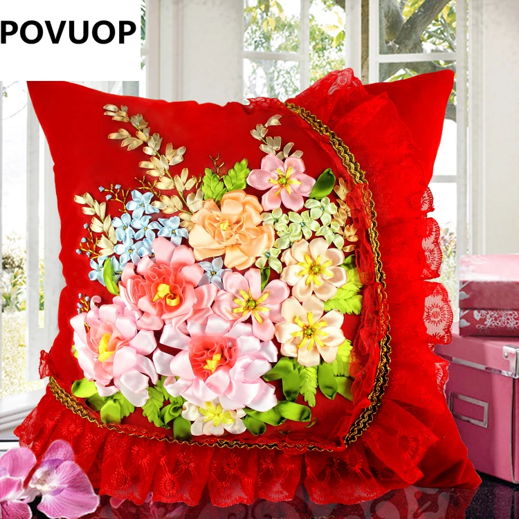 

POVUOP Ribbon embroidery 45X45cm 3d three-dimensional cushion quality car pillow cross stitch not include inner