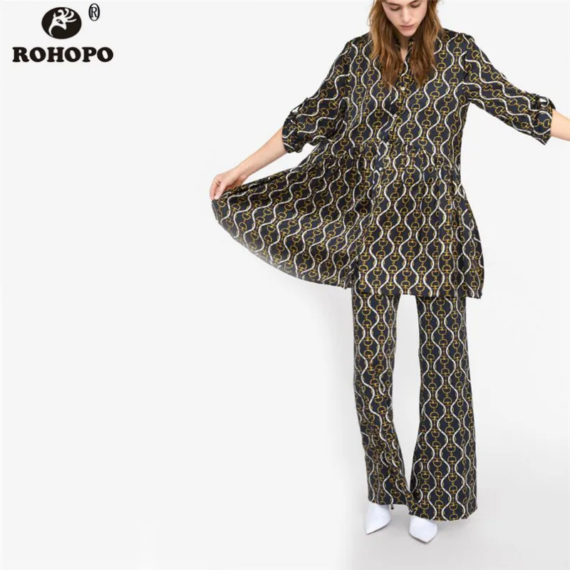 

ROHOPO Women Full Length Flare Pant Belt Printed High Waist Casual Trousers Pant Metal Chain Vogue Bottom #XZ1914