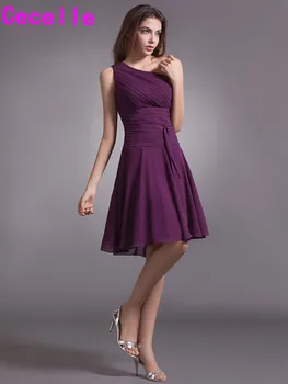 

Simple Grape One Shoulder Ruched Chiffon Short Bridesmaid Dresses With One Strap Cheap Maids Honor Dresses Custom Made Sale