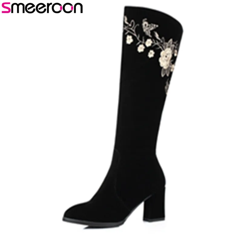 

Smeeroon 2018 new autumn winter boots high heels round toe knee high boots high quality boots women wedding shoes black