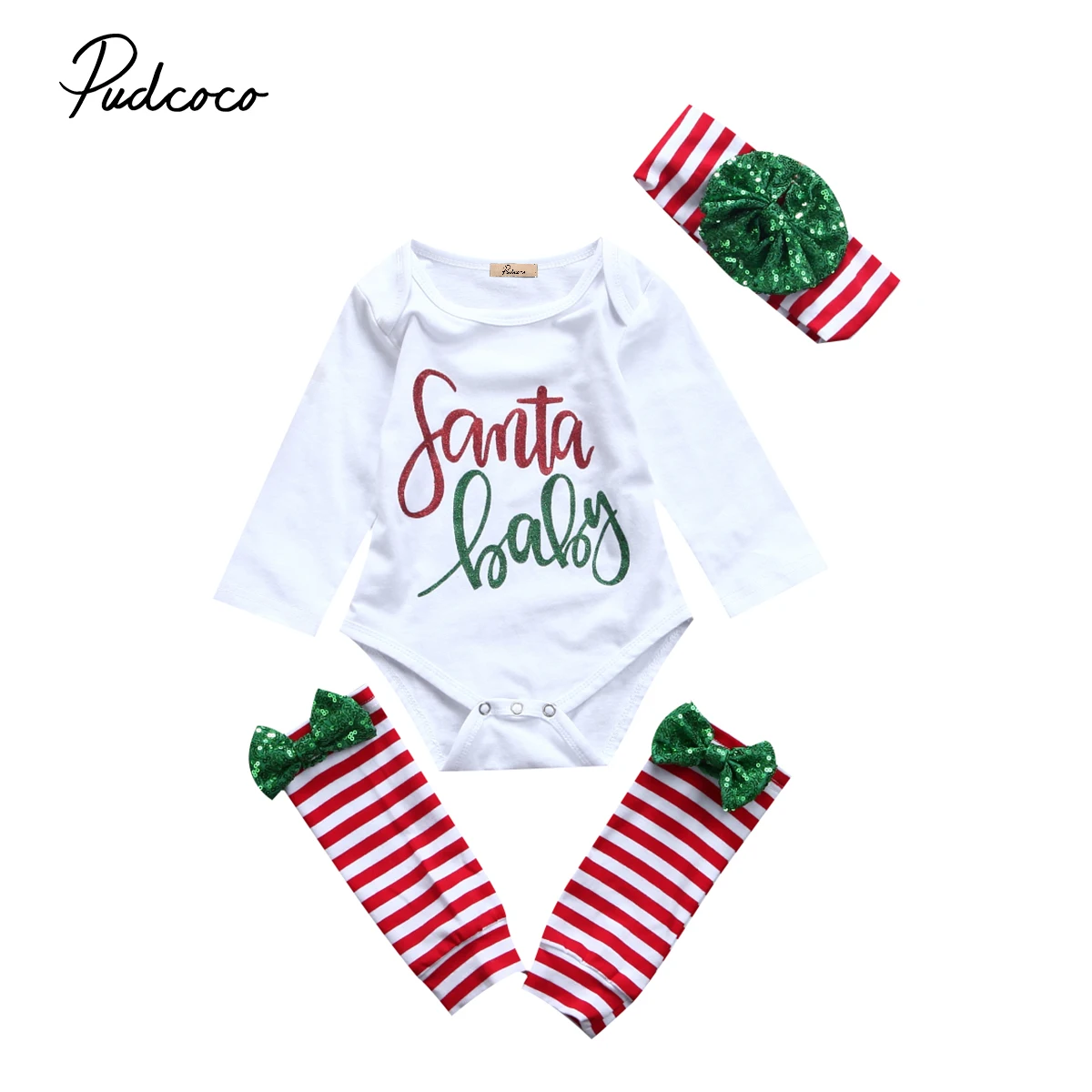 

3pcs Cute Newborn Baby Girls Christmas Stanta Long Sleeve Tops Romper Striped Leg Warmers Bow Headband Outfits Set Clothes