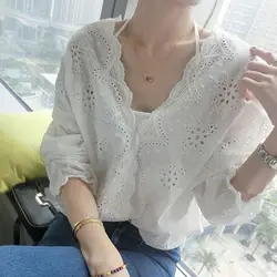 Летняя корейская модная женская блузка с v-образным вырезом и длинным рукавом, повседневные кружевные женские Рубашки, Топы