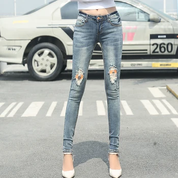 

Hot Jeans Pants 2018 Womens Fashion Female Denim Strech Blue Skinny Hole Ripped Pencil Mid Waist Slim Pencil Trousers 9685