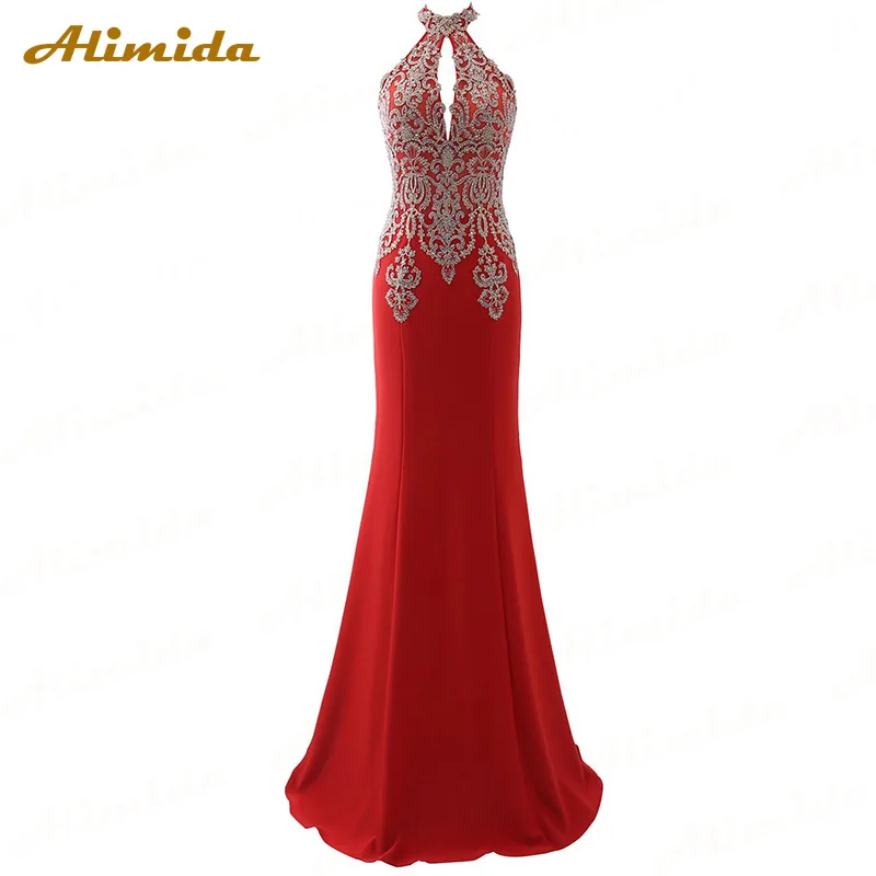 ALIMIDA Русалка вечернее платье Длинные аппликации вышивка платье для вечерние сексуальное без бретелек выпускное платье на заказ размер robe de soiree - Цвет: Красный