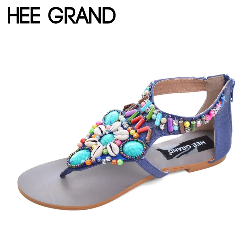 

HEE GRAND Vintage Gladiator Sandals Beaded Summer Flats Platform Shoes Woman Slip On Rhinestone Women Shoes Size 35-41 XWZ2078