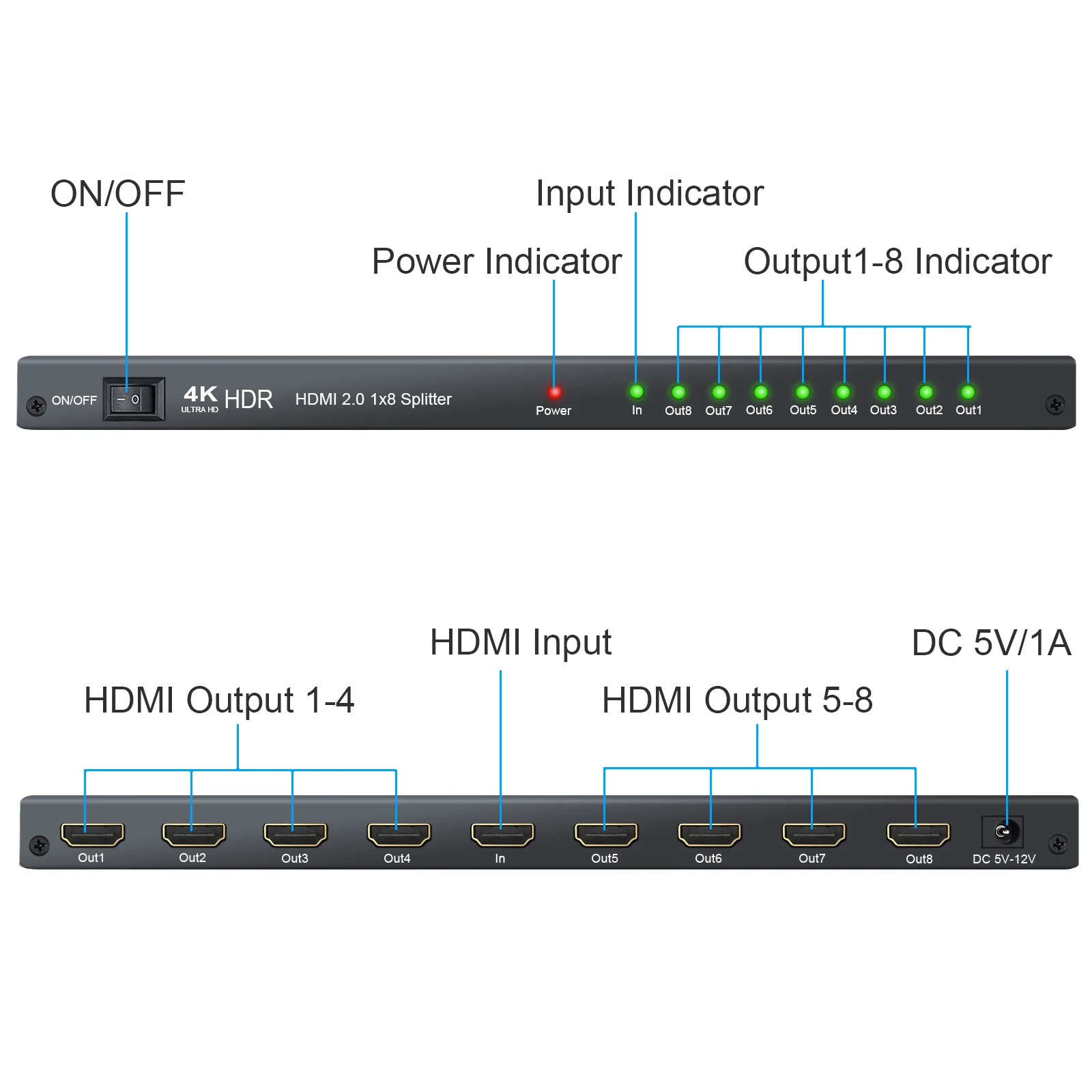 Proster HDMI 2.0 Splitter 8 Way HDMI Splitter Support 4K HDR 1 in 8 out HDMI Distribution Amplifier for Xbox One X PS4 Pro Sky