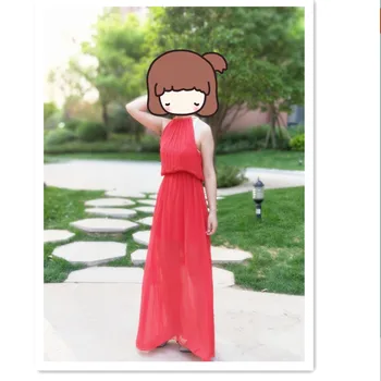 

Large size chiffon strapless color sleeveless dress over size Beach crew neck and long halter pleated dresses
