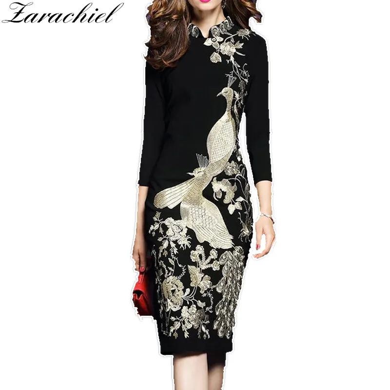 

Casual Vestidos Flower Bird Gold Embroidery Dress Women 2019 Spring Plus Size Office Lady Stand Collar Black Slim Bodycon Dress