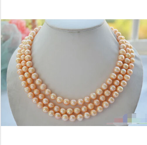 

FREE SHIPPING>>>@@ > P4636 3row 19" 10mm pink round freshwater cultured pearl necklace ^^^@^Noble style Natural Fine jewe &