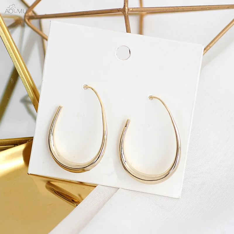 

AOMU S925 Sterling Silver Pin Golden Metal Geometric Water Drop Hollow Big Hoop Earrings for Women Girl Party Gift Jewelry
