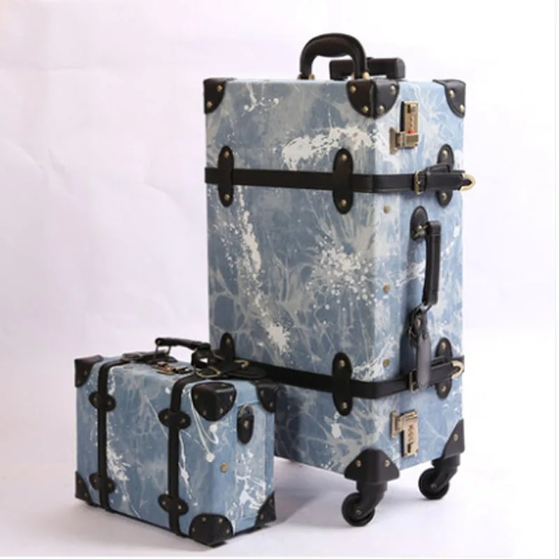Ковбойский материал, чемодан, вращающиеся колеса, чемодан, модный багаж из джинсовой ткани, набор, высокое качество - Цвет: A set