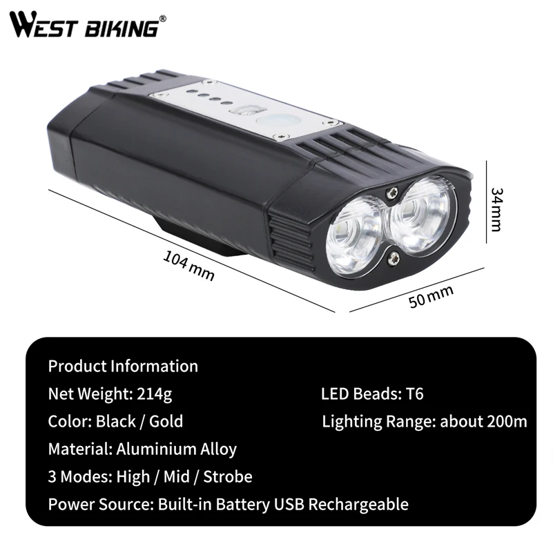 Clearance WEST BIKING Bicycle Light USB Rechargeable Bike Headlight 500 Lumen 4000mAh T6 LED Waterproof Flashlight 3 Modes Cycling Lamp 4