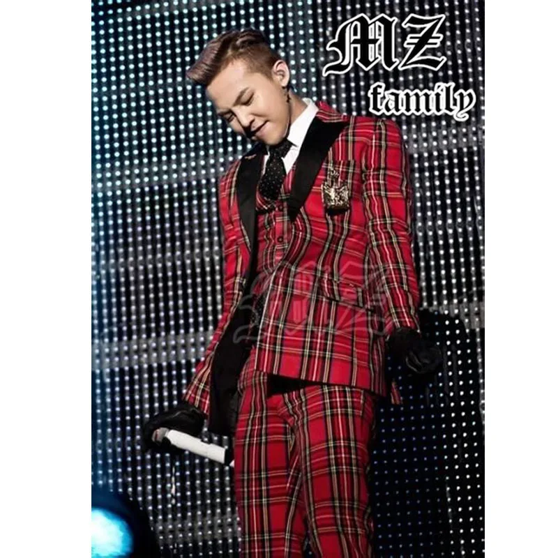 

2019 New customized Men's Brand Fashion New stage singer red plaid suit trousers costumes clothing Men plus size Suits Coat