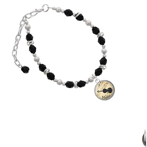 Silvertone Domed Music - Violin Black Beaded Bracelet